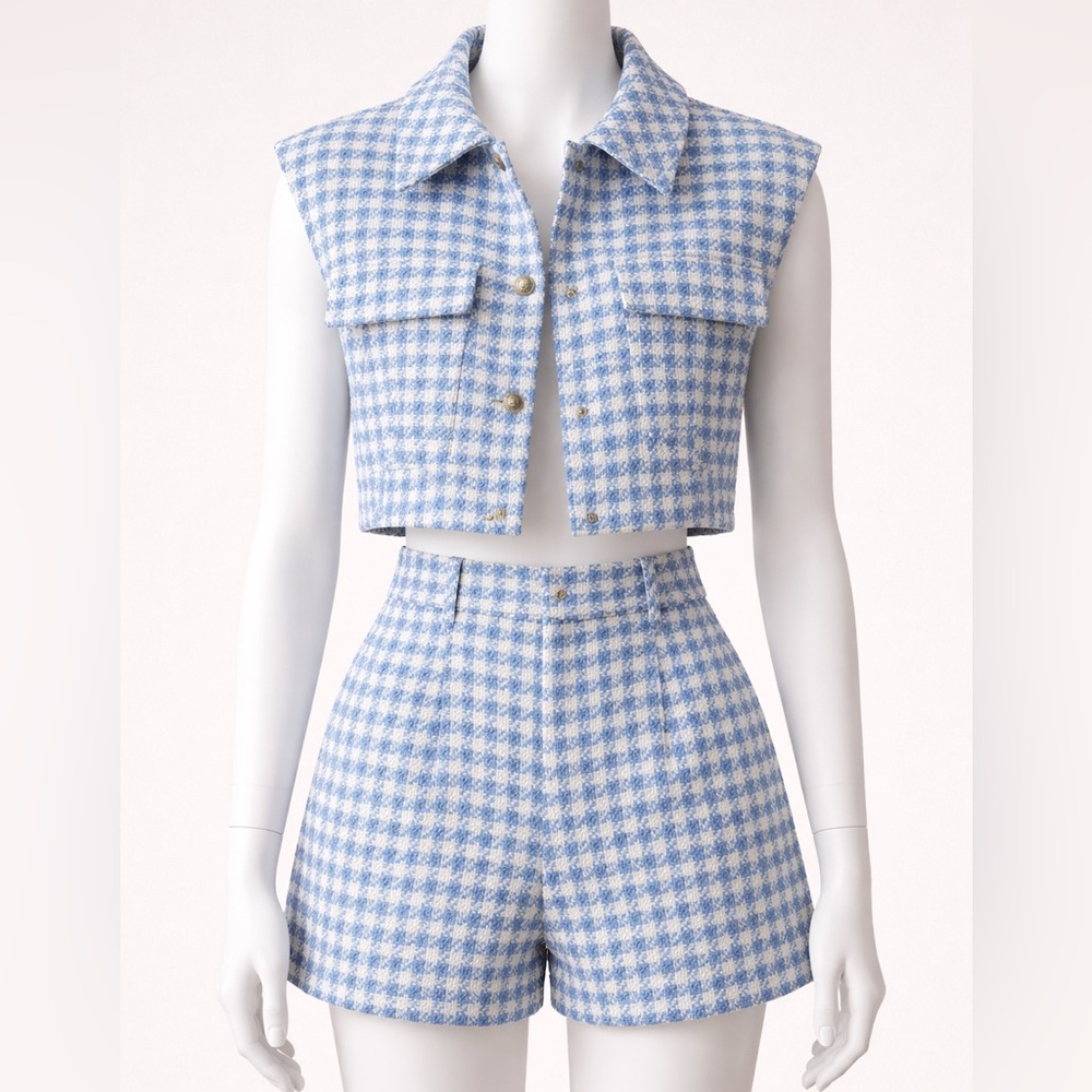 Zara Blue & Cream Houndstooth Cropped Vest and High-Waist Shorts Set